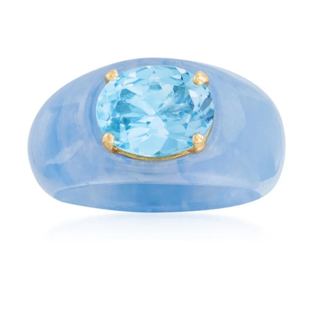 Ross Simons 3.20 Carat Sky Blue Topaz and Blue Jade Ring with 14kt Gold
